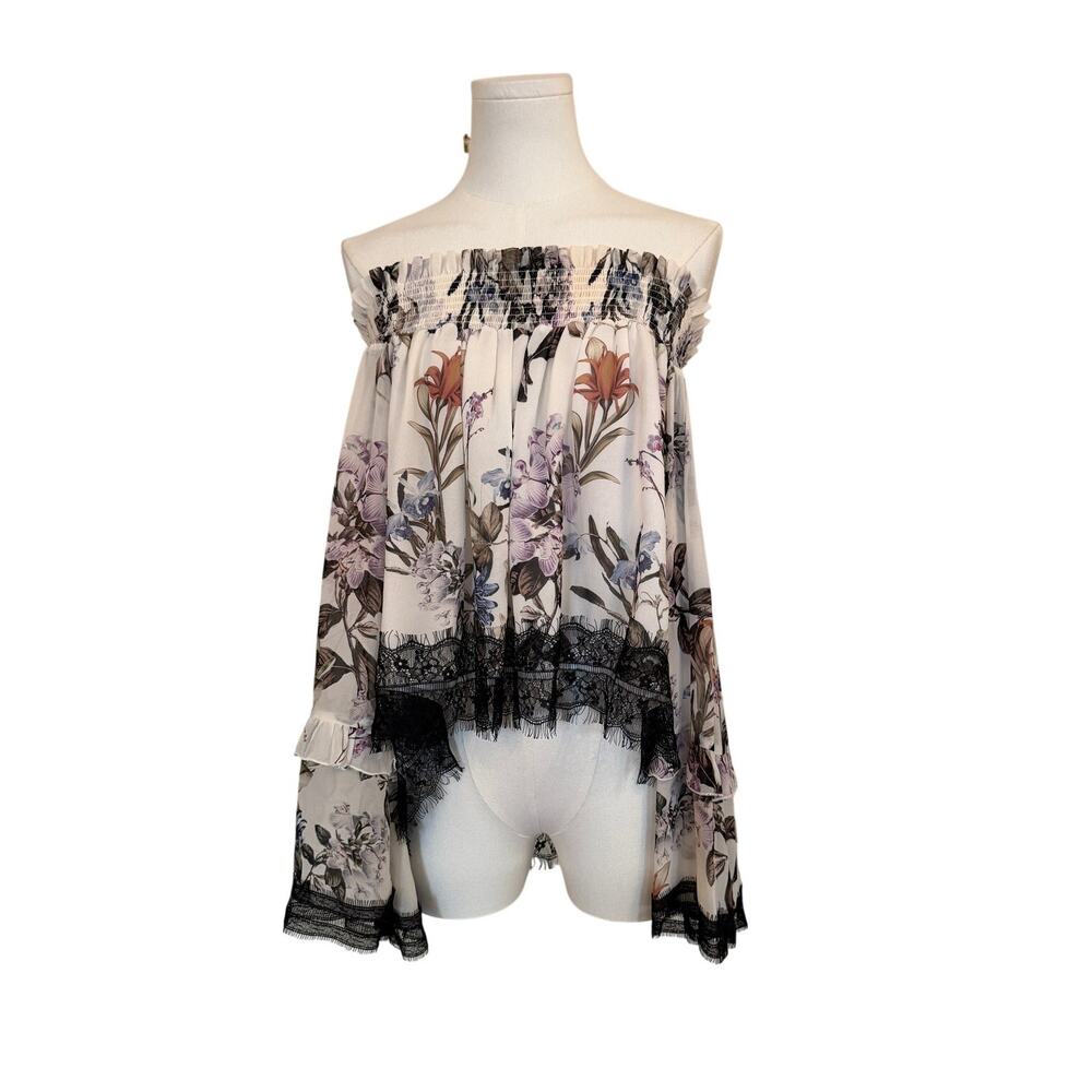Nicholas NWOT Floral Cream w/Dark Flowers & Black Lace Accent Off-Shoulder- US 4